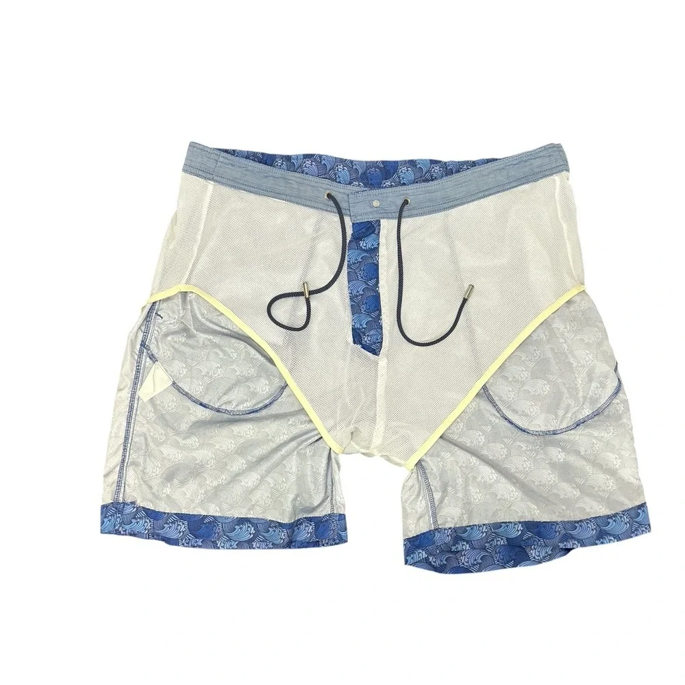 Peter Millar Men's Blue Swim Trunks All‎ Over Wave Print Size Large